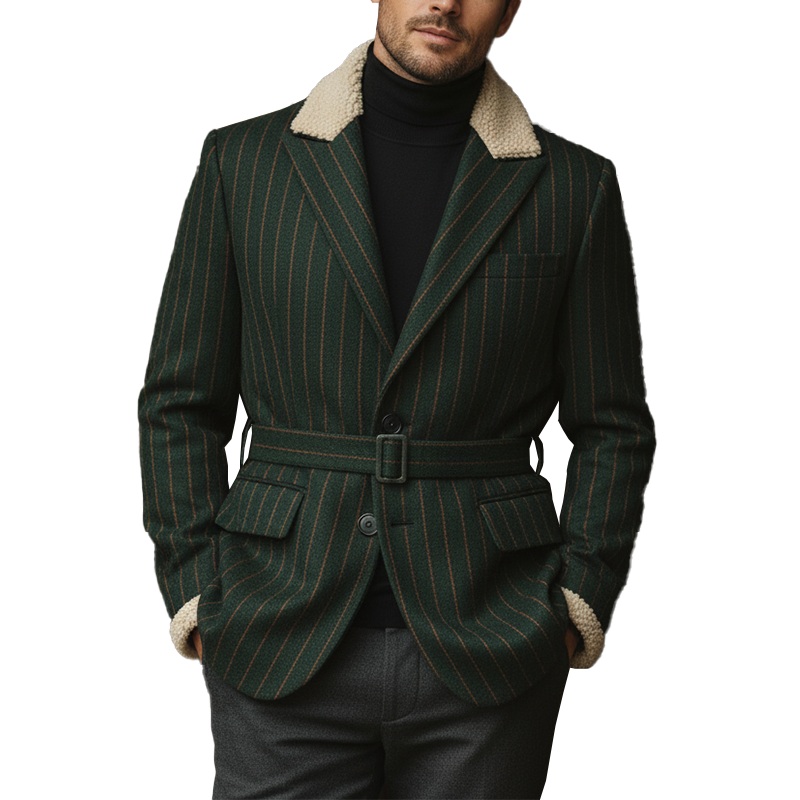 Men’s Winter Fashion Plush Collar Striped Faux Wool Coat MTA3053I1P Dark Green