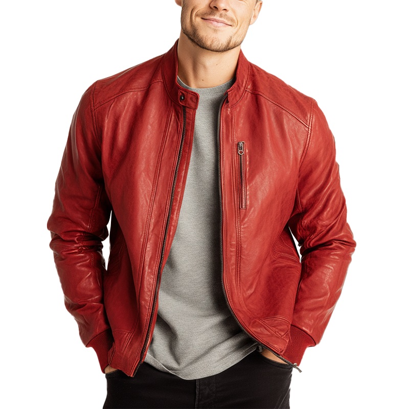Men’s Winter Fashion Solid Color Motorcycle PU Leather Jacket MTA3032I8P Red