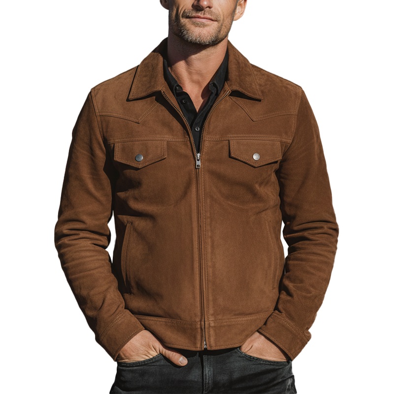 Men’s Winter Vintage Solid Color Faux Suede Classic Zip-Up Jacket MTA2953I6P Brown