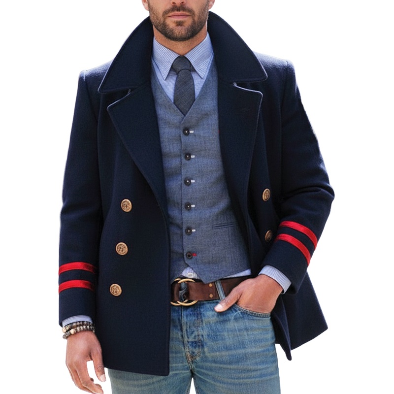 Men’s Autumn And Winter Classic Navy Blue Double-breasted Short Coat MTA3011I9U Navy Blue