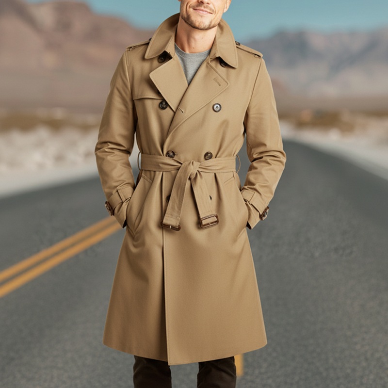Men’s Autumn Fashion Twill Cotton Double-Breasted Trench Coat (Including Belt) MTA1008J0P Khaki