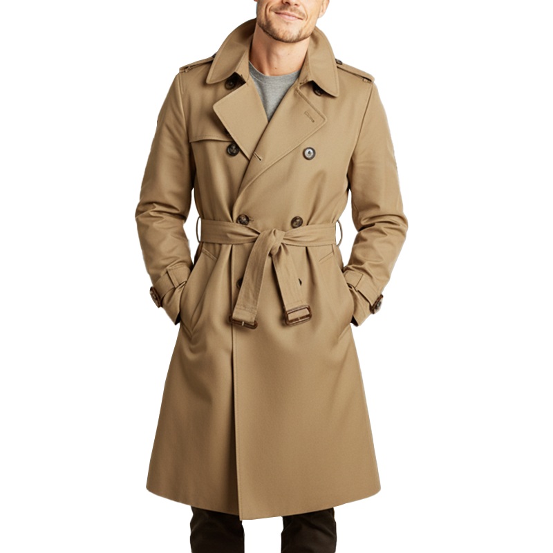 Men’s Autumn Fashion Twill Cotton Double-Breasted Trench Coat (Including Belt) MTA1008J0P Khaki