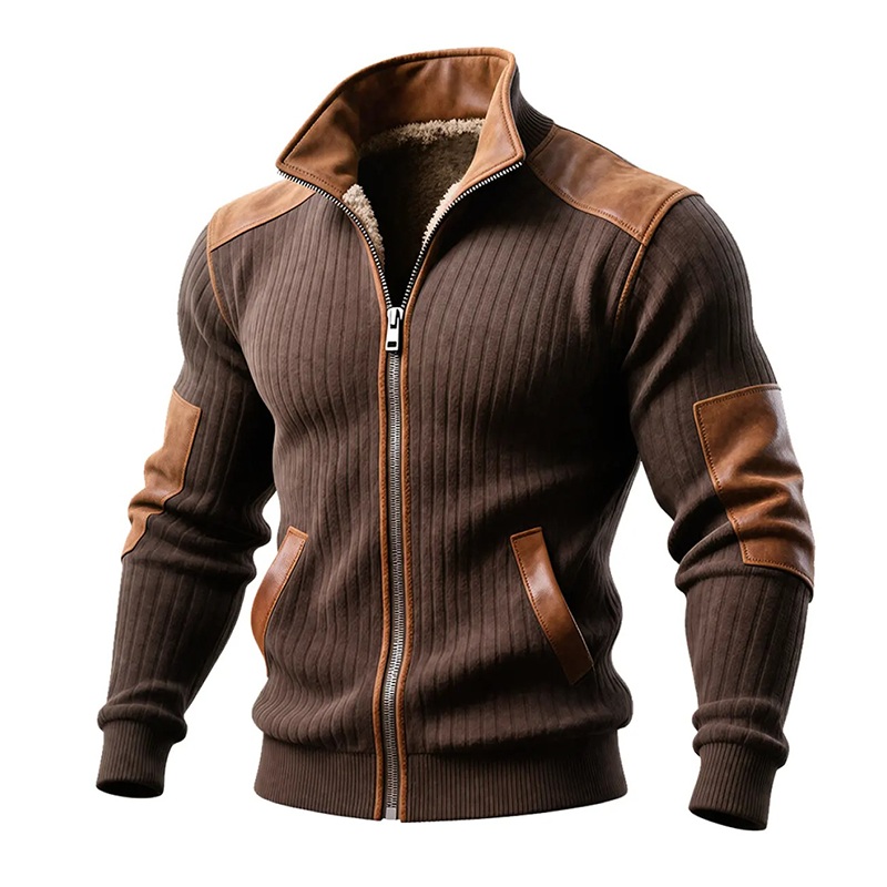 Men’s Casual Knitted Stitching PU Lapel Zipper Jacket MTA0931J3X Brown