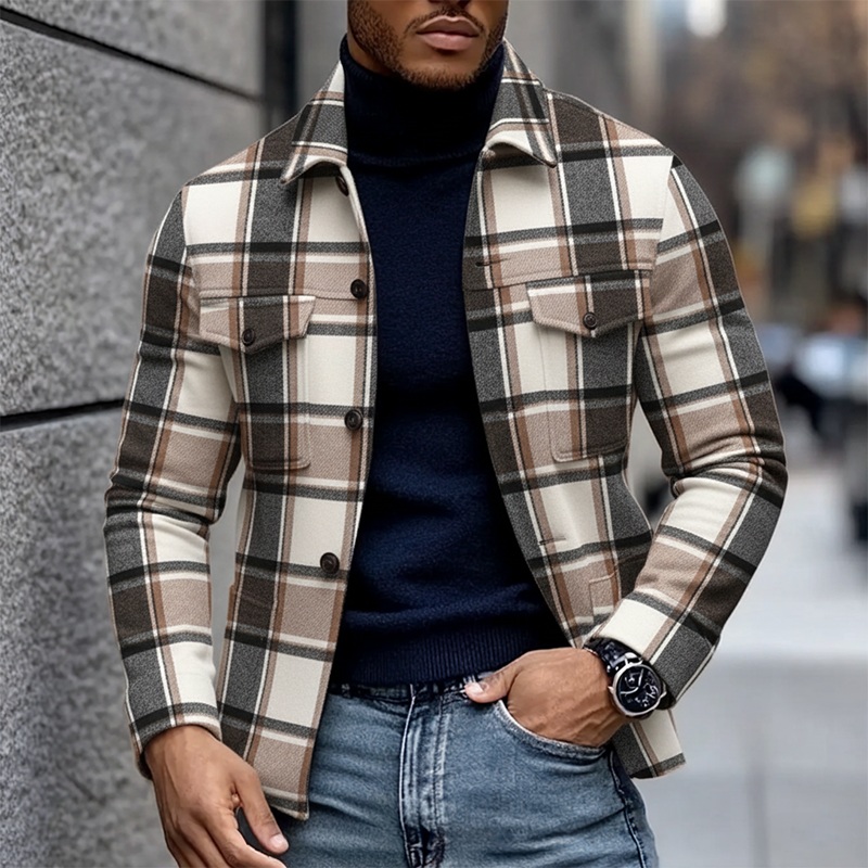 Men’s Casual Lapel Multi-pocket Blend Plaid Jacket MTA3033I5X Light Khaki