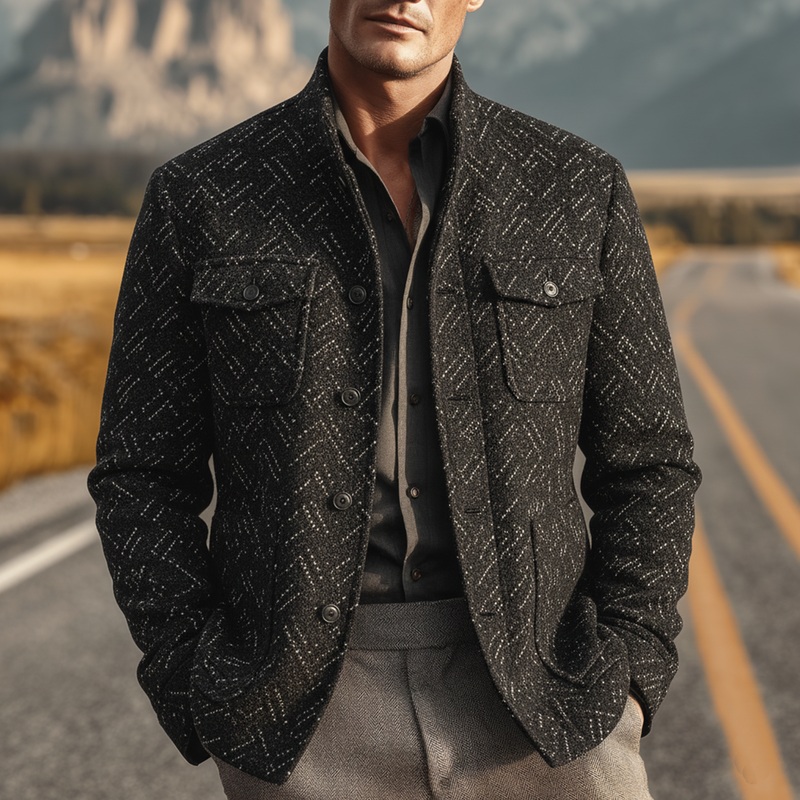 Men’s Classic Light Business Stand Collar Multi-pocket Faux Textured Wool Jacket MTA2916I7K Black