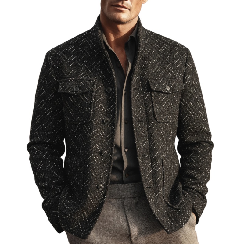 Men’s Classic Light Business Stand Collar Multi-pocket Faux Textured Wool Jacket MTA2916I7K Black