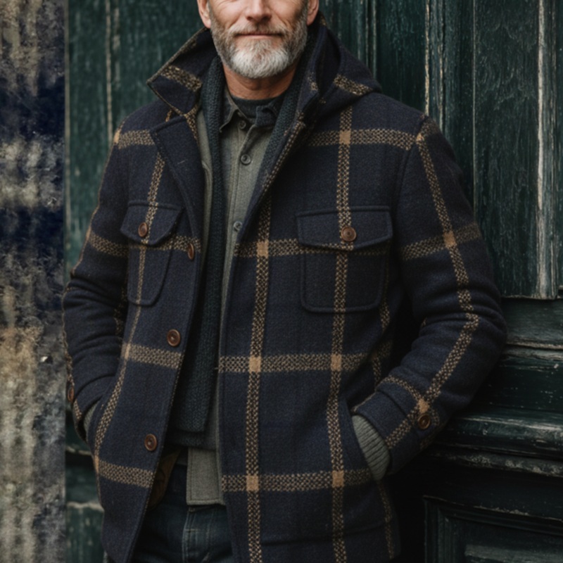 Men’s Classic Retro Faux Plaid Wool Stand Collar Hooded Multi-Pocket Jacket MTA3033I3K Navy