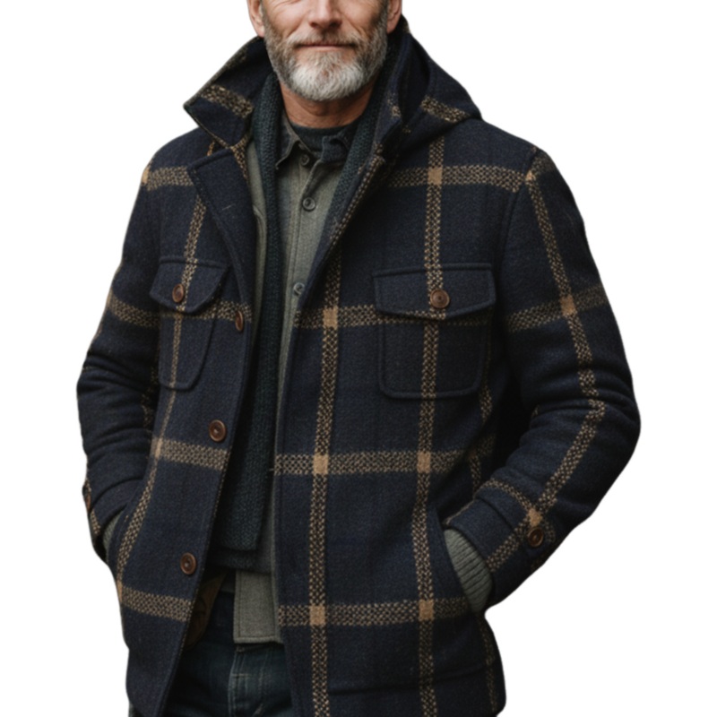 Men’s Classic Retro Faux Plaid Wool Stand Collar Hooded Multi-Pocket Jacket MTA3033I3K Navy