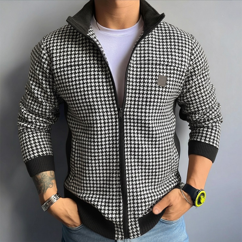 Men’s Retro Casual Houndstooth Lapel Zipper Jacket MTA1000J0TO Black