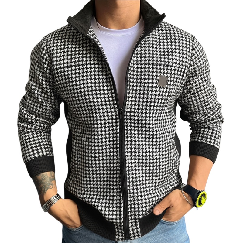Men’s Retro Casual Houndstooth Lapel Zipper Jacket MTA1000J0TO Black
