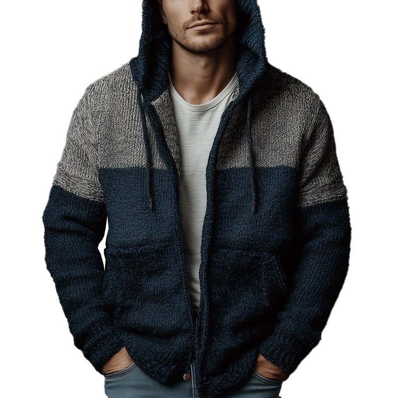 Men’s Winter Fashion Mixed Color Cotton Knitted Hooded Cardigan Sweater MTA1041J7P Navy