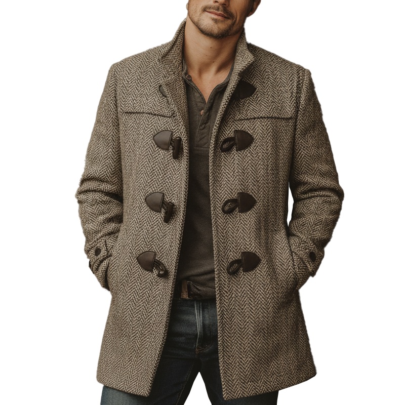 Men’s Winter Fashionable Herringbone Faux Wool Horn Button Coat MTA1037J3P Khaki