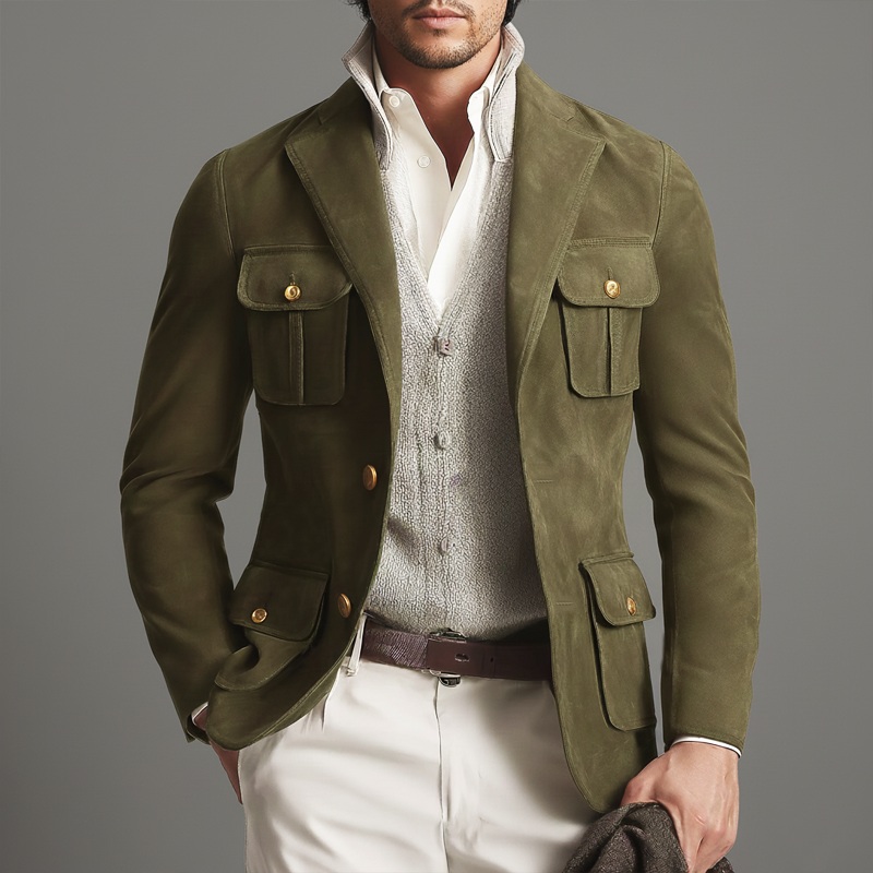 Men’s Business Army Green Two-button Suede Jacket MTA1036J6U Army Green