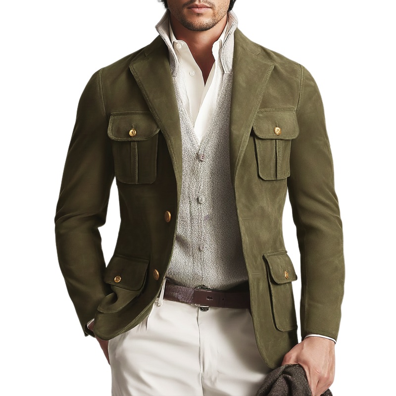 Men’s Business Army Green Two-button Suede Jacket MTA1036J6U Army Green