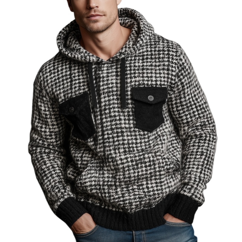 Men’s Classic Casual Houndstooth Hooded Loose Sweater MTA1070J8K Black
