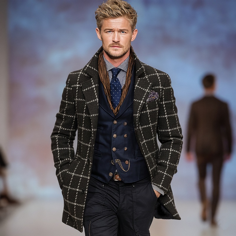 Men’s Classic Retro Lapel Faux Plaid Woolen Single-breasted Coat MTA1104J3K Dark Coffe