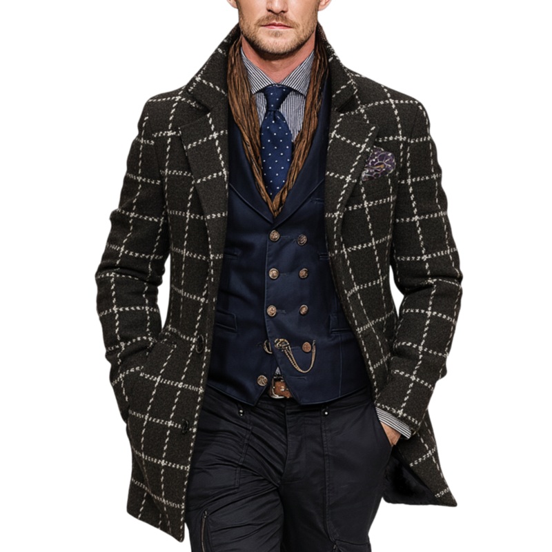 Men’s Classic Retro Lapel Faux Plaid Woolen Single-breasted Coat MTA1104J3K Dark Coffe