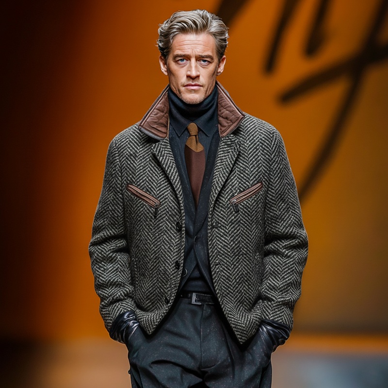 Men’s Classic Retro Stand Collar Faux Herringbone Woolen Multi-pocket Jacket MTA1158J4K Gray