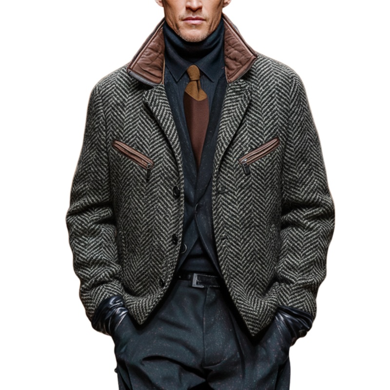 Men’s Classic Retro Stand Collar Faux Herringbone Woolen Multi-pocket Jacket MTA1158J4K Gray