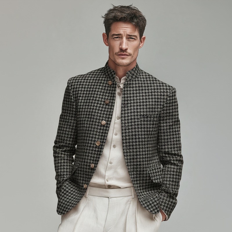 Men’s Classic Retro Stand Collar Faux Houndstooth Wool Slim Fit Single-breasted Jacket MTA1187J8K Gray