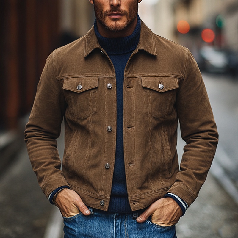 Men’s Vintage Faux Suede Lapel Single-Breasted Jacket MTA1178J7X Brown