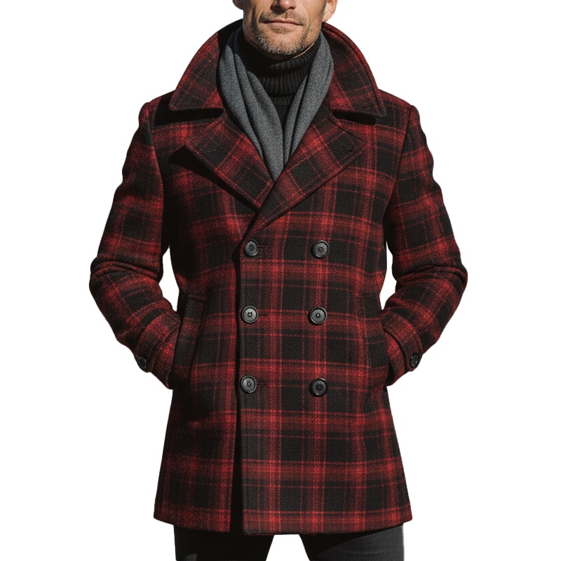 Men’s Winter Fashion Plaid Faux Wool Mid-length Lapel Coat MTA1195J8P Red