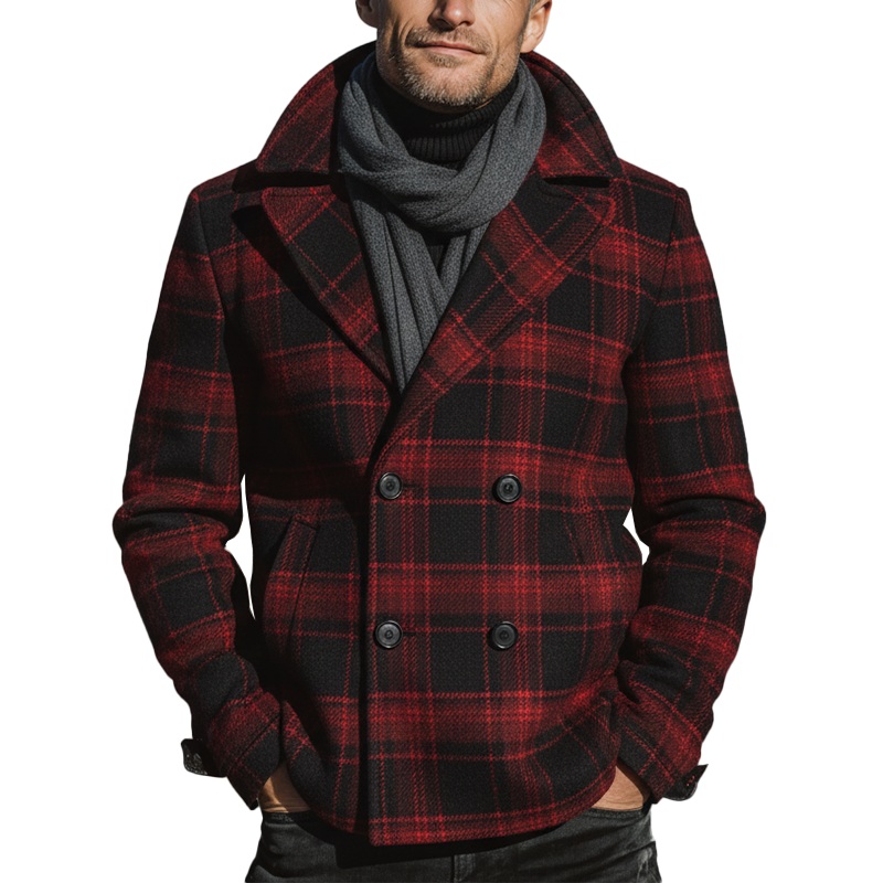 Men’s Winter Fashion Plaid Faux Wool Short Lapel Coat MTA1117J4P Red