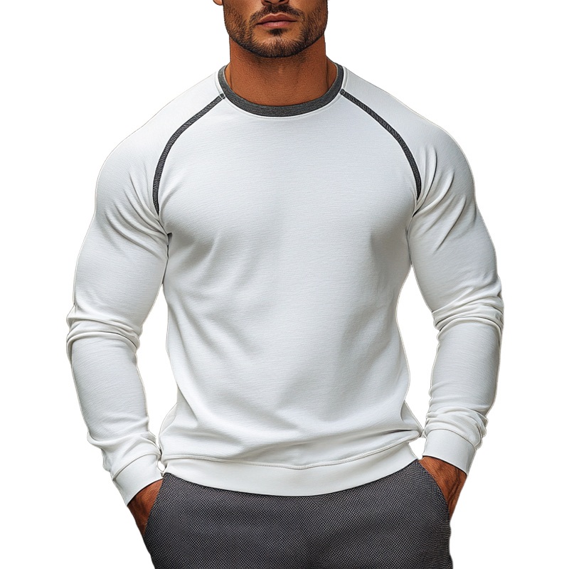 Men’s Casual Blended Contrast Color Long Sleeve Crew Neck T-shirt MTA1396J4X White