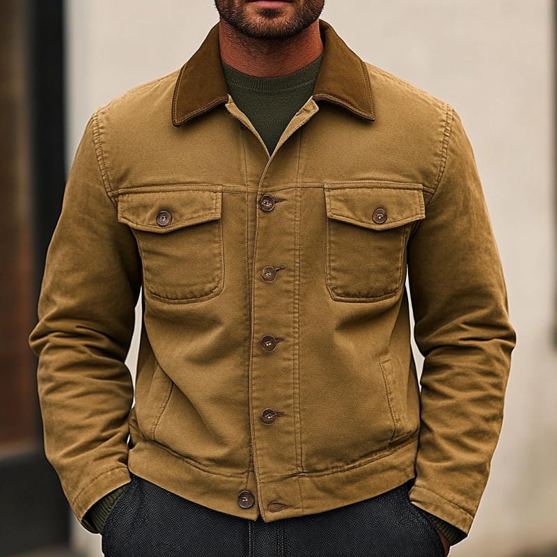 Men’s Cotton Contrast Lapel Single-breasted Washed Work Jacket MTA1392J1X Light Brown