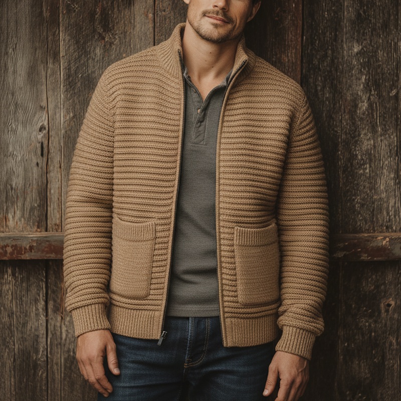 Men’s Winter Fashion Cotton Knitted Striped Zipper Cardigan MTA1394J7P Khaki