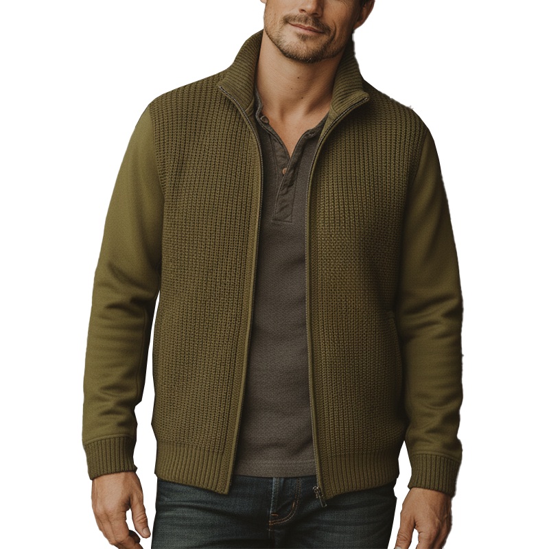 Men’s Winter Fashionable Cotton Yarn Knitted Patchwork Cardigan MTA1348J2P Army Green