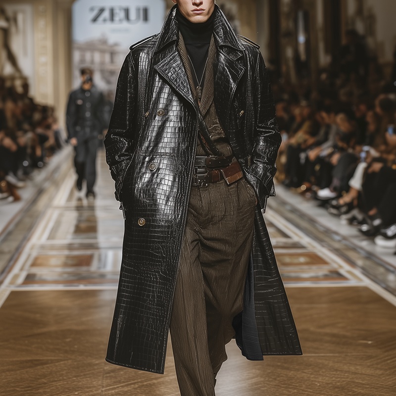Men’s Winter Retro Crocodile Pattern Shiny PU Long Coat MTA1432J7P Black