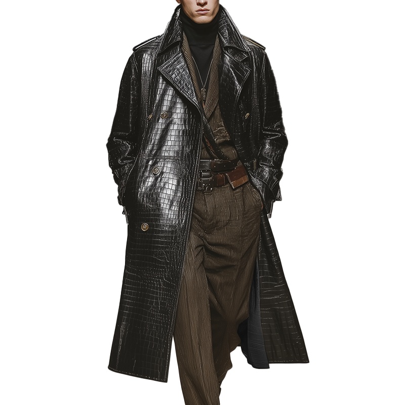 Men’s Winter Retro Crocodile Pattern Shiny PU Long Coat MTA1432J7P Black