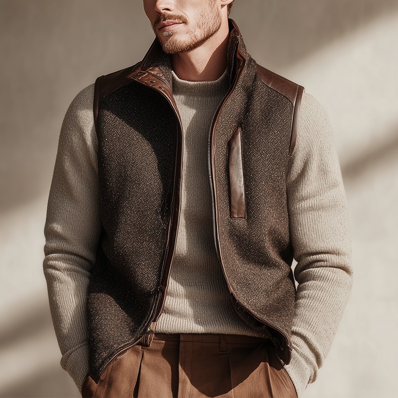 Men’s Winter Retro Herringbone Faux Wool Vest MTA1442J1P Brown