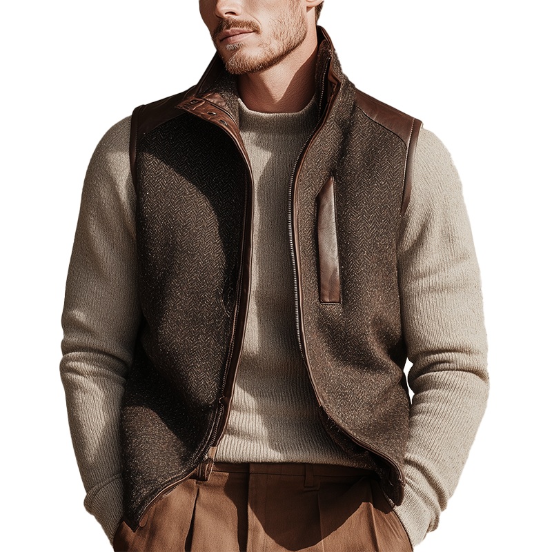Men’s Winter Retro Herringbone Faux Wool Vest MTA1442J1P Brown