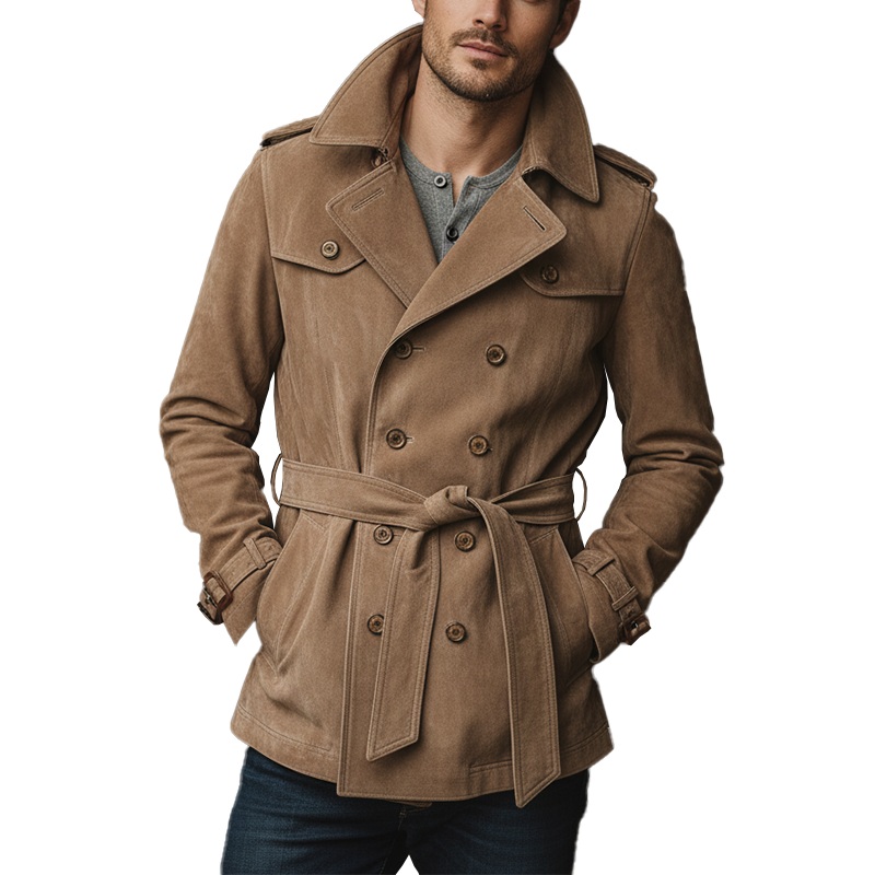 Men’s Winter Vintage Double-Breasted Faux Suede Jacket (Includes Belt) MTA1488J0P Camel