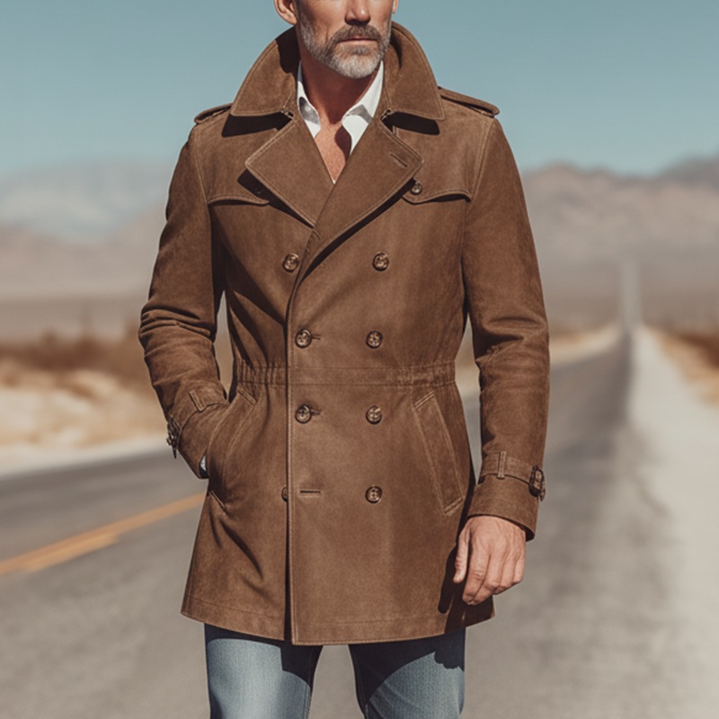 Men’s Winter Vintage Double-Breasted Slim Mid-Length Faux Suede Coat MTA1448J0P Brown