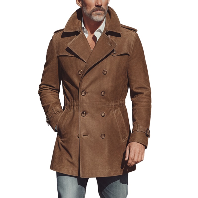 Men’s Winter Vintage Double-Breasted Slim Mid-Length Faux Suede Coat MTA1448J0P Brown
