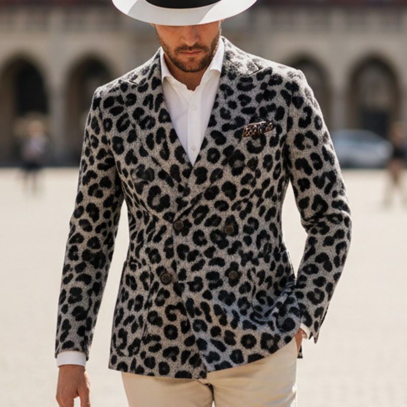 Men’s Black And Grey Leopard Print Faux Wool Double-breasted Blazer MTA1897I4U Gray