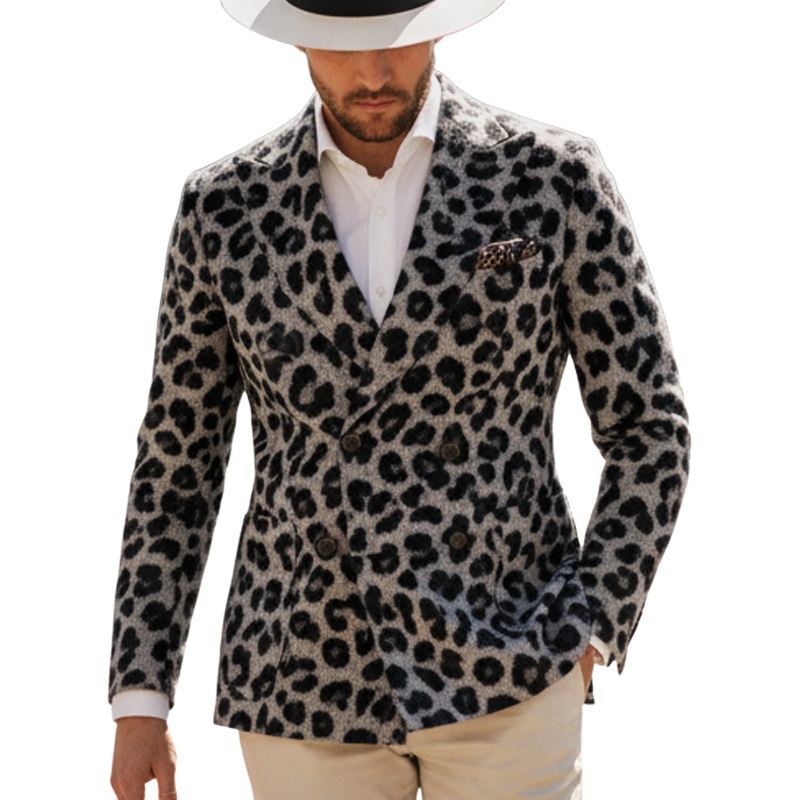Men’s Black And Grey Leopard Print Faux Wool Double-breasted Blazer MTA1897I4U Gray