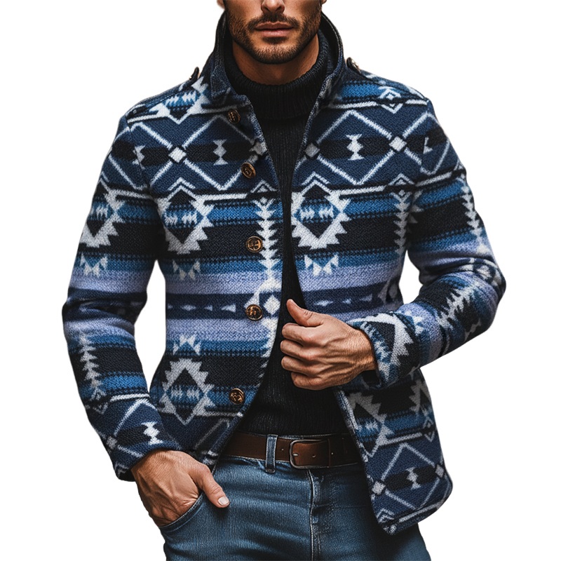 Men’s Bohemian Ethnic Style Jacquard Blend Jacquard Lapel Mid-length Coat MTA1458J1X Blue