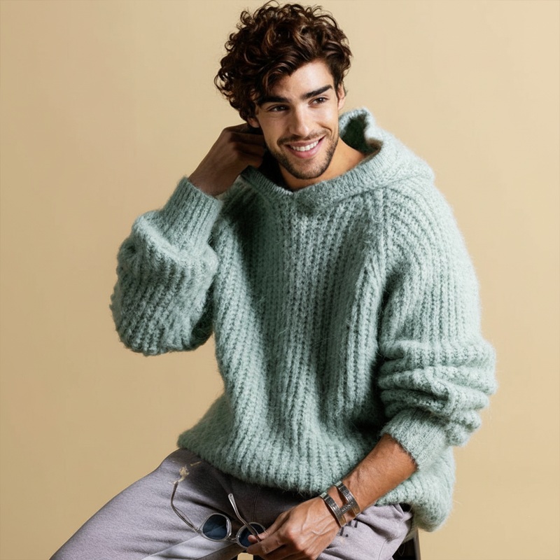 Men’s Classic Casual Solid Color Knit Hoodie MTA1574J6U Light Blue