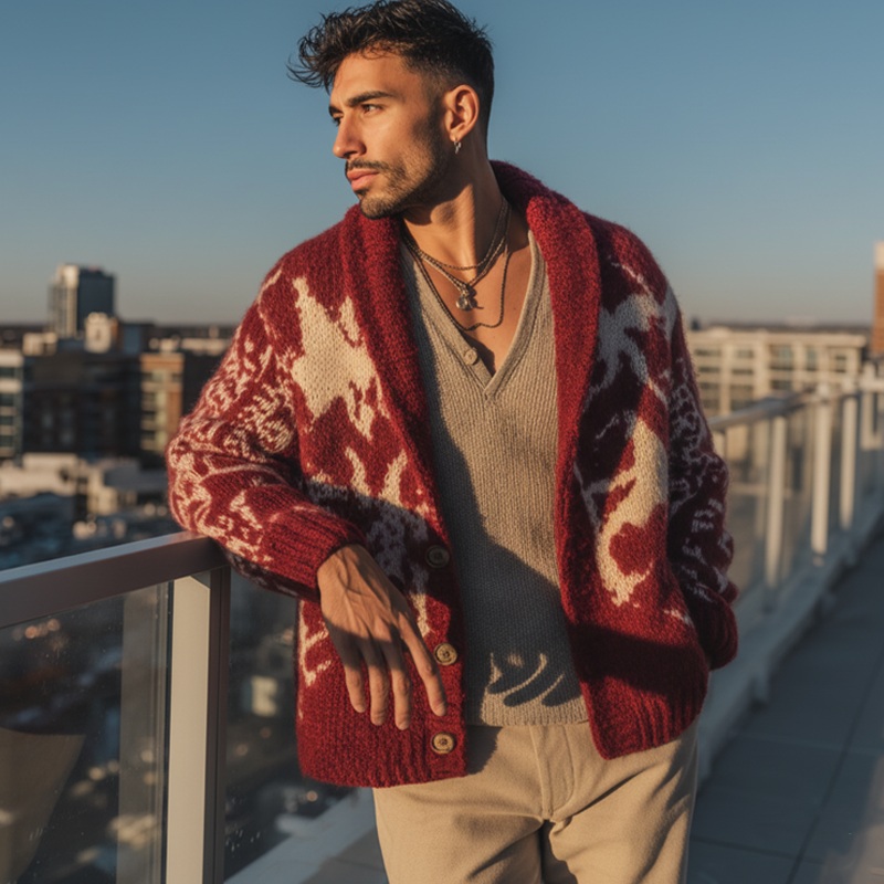 Men’s Classic Colorblock Jacquard Button Knit Cardigan MTA1438J4U Red