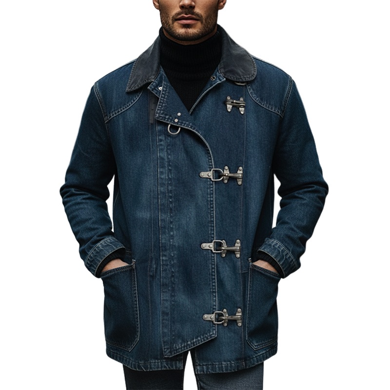 Men’s Vintage Washed Single-breasted Lapel Contrast Color Mid-length Denim Coat MTA1456J5X Blue