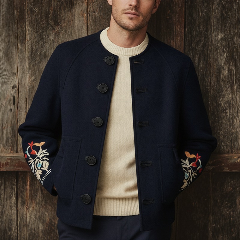 Men’s Winter Simple Embroidered Faux Wool Round Neck Jacket MTA1506J2P Navy