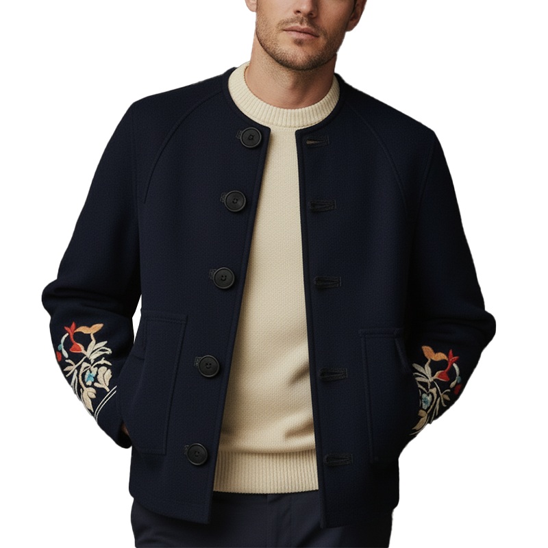 Men’s Winter Simple Embroidered Faux Wool Round Neck Jacket MTA1506J2P Navy