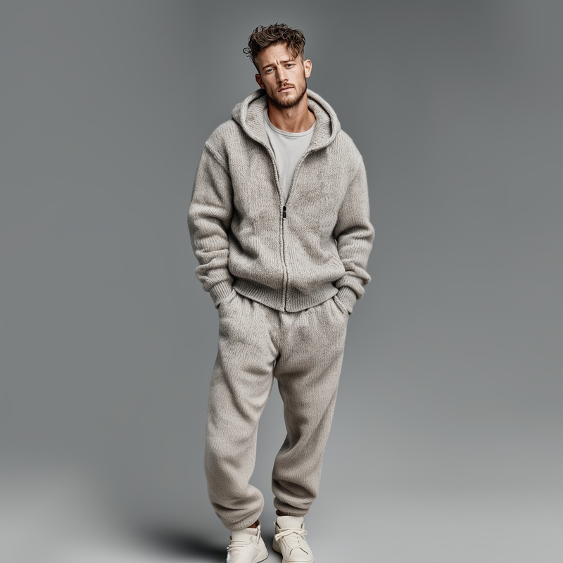 Men’s Classic Casual Hooded Zipper Knit Cardigan Elastic Waist Knit Pants Set MTA1491J0K Light Gray