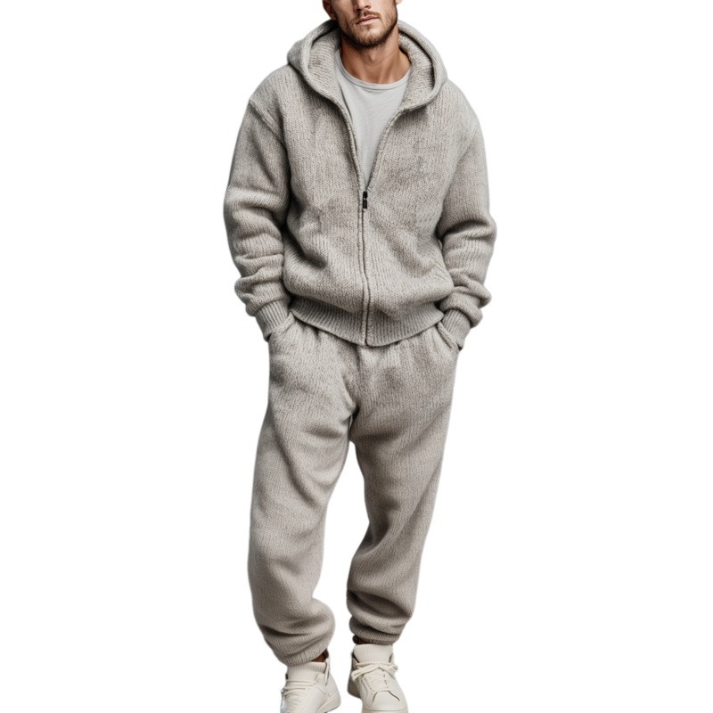 Men’s Classic Casual Hooded Zipper Knit Cardigan Elastic Waist Knit Pants Set MTA1491J0K Light Gray