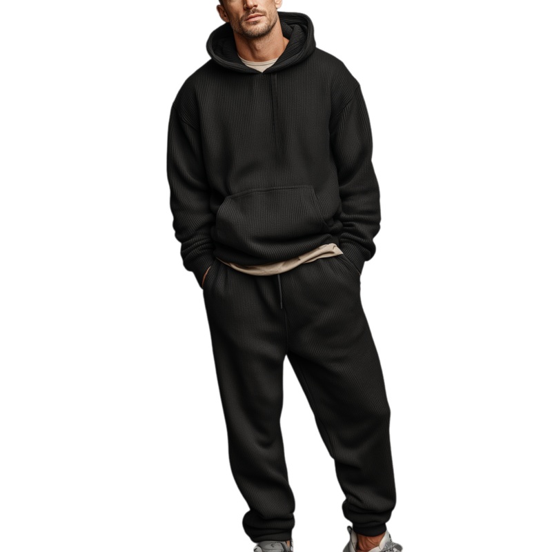 Men’s Classic Casual Striped Knit Hooded Sweatshirt Elastic Waist Pants Set MTA1541J0K Black