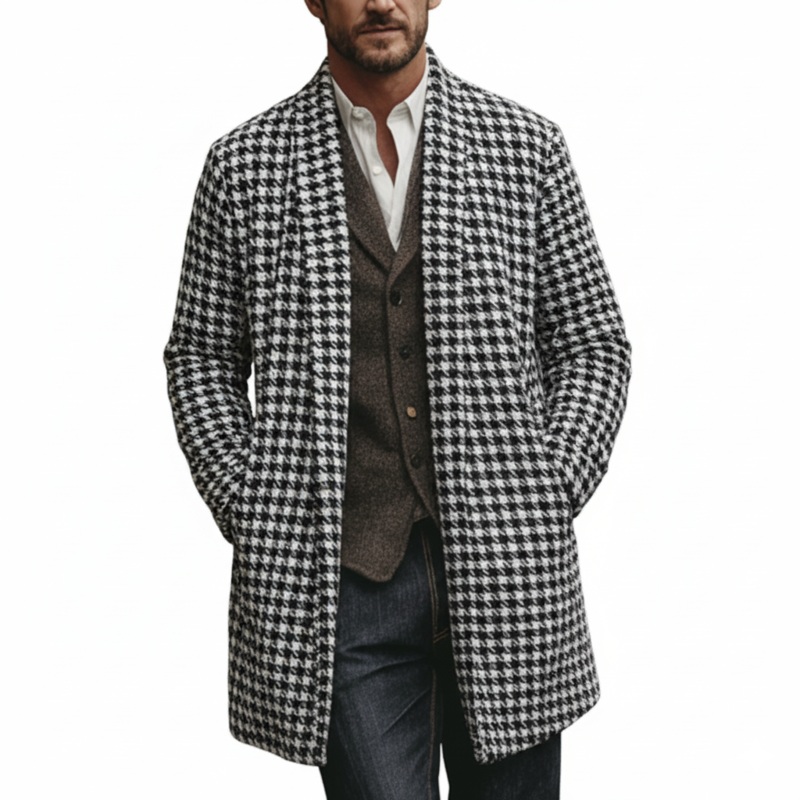 Men’s Winter Fashion Houndstooth Cotton Knitted Mid-Length Cardigan MTA1633J9P Houndstooth